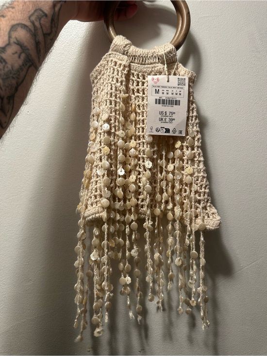Zara Handbags - ZARA Beaded Crochet Fringe Bucket Bag Wooden Handles NWT